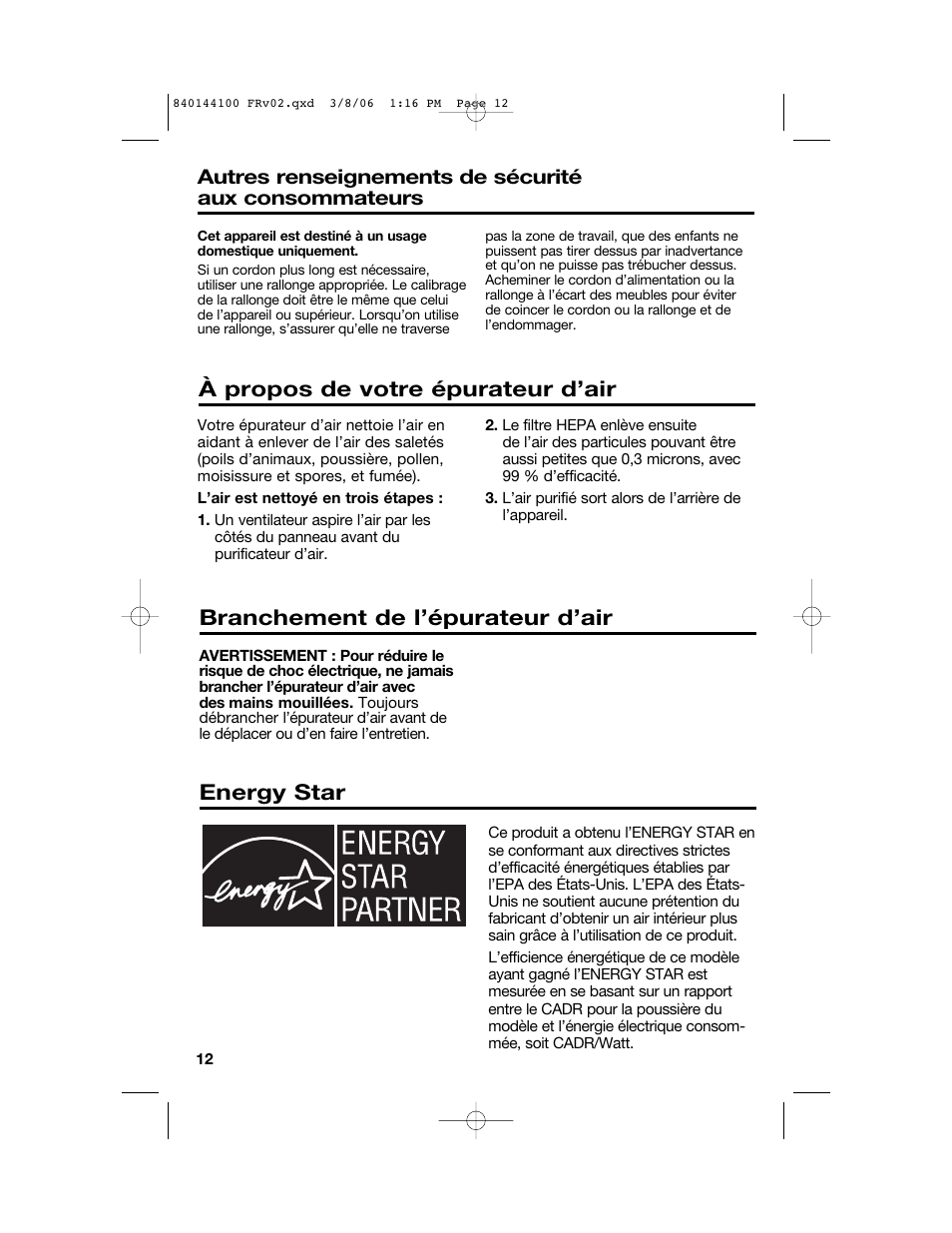À propos de votre épurateur d’air, Branchement de l’épurateur d’air, Energy star | Hamilton Beach 840144100 User Manual | Page 12 / 28