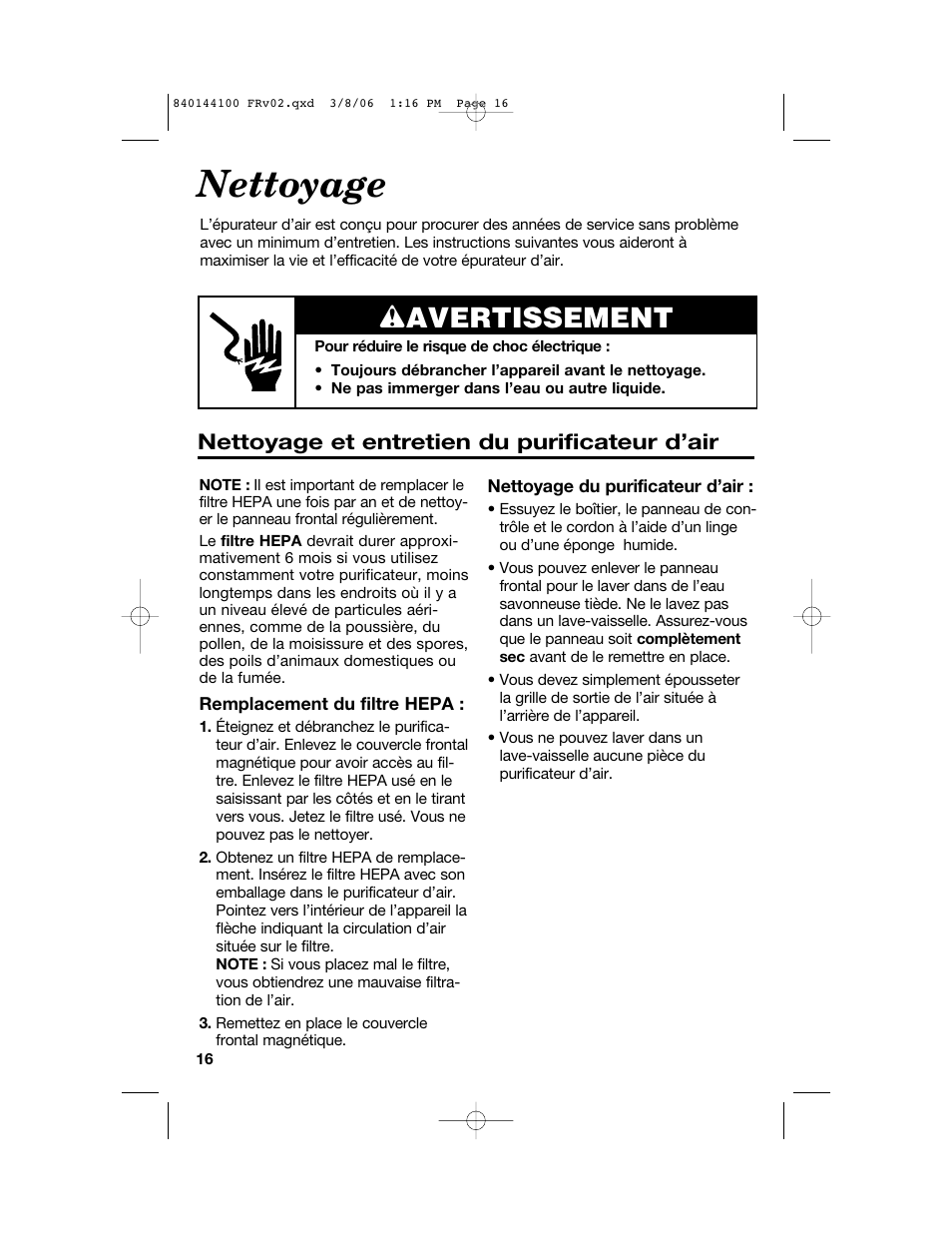 Nettoyage, Wavertissement, Nettoyage et entretien du purificateur d’air | Hamilton Beach 840144100 User Manual | Page 16 / 28