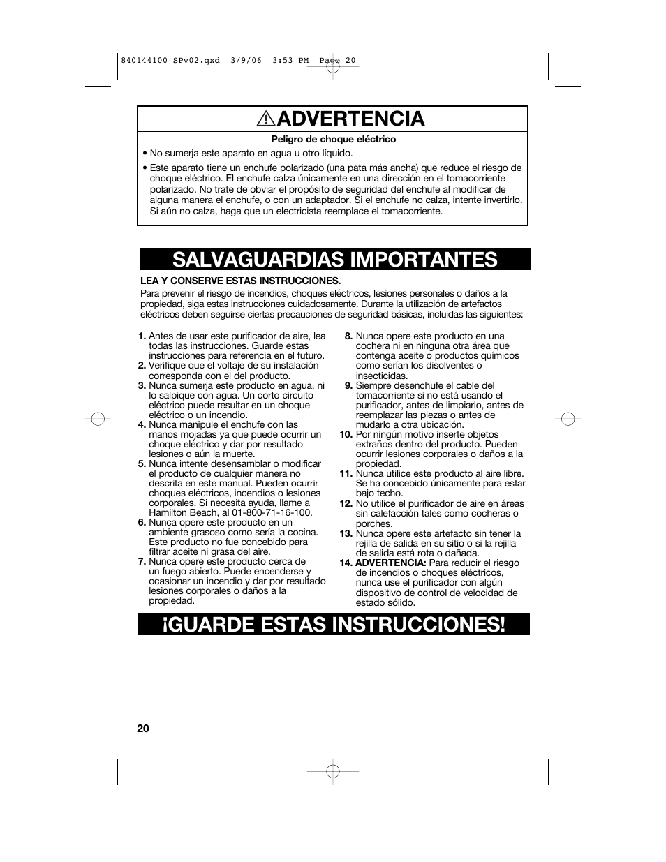 Advertencia | Hamilton Beach 840144100 User Manual | Page 20 / 28