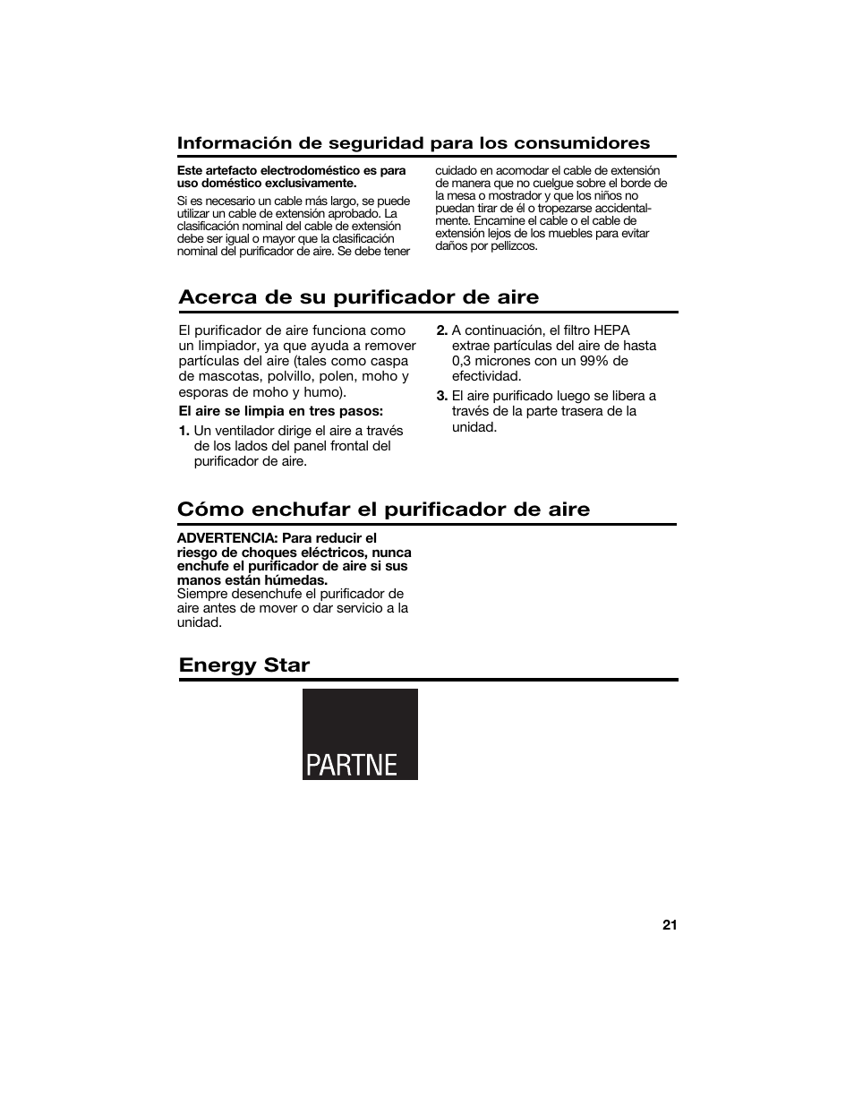 Acerca de su purificador de aire, Cómo enchufar el purificador de aire, Energy star | Hamilton Beach 840144100 User Manual | Page 21 / 28