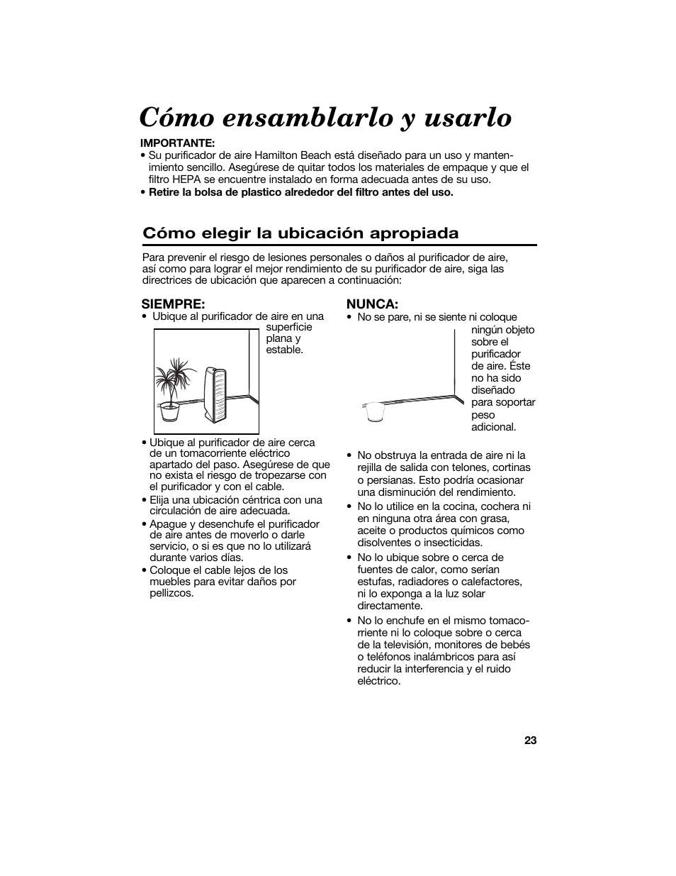 Cómo ensamblarlo y usarlo, Cómo elegir la ubicación apropiada | Hamilton Beach 840144100 User Manual | Page 23 / 28