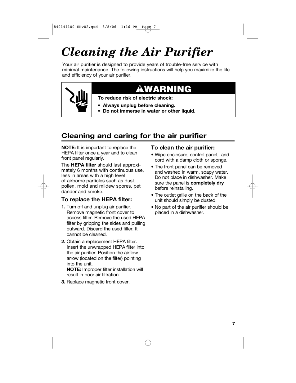 Cleaning the air purifier, Wwarning, Cleaning and caring for the air purifier | Hamilton Beach 840144100 User Manual | Page 7 / 28