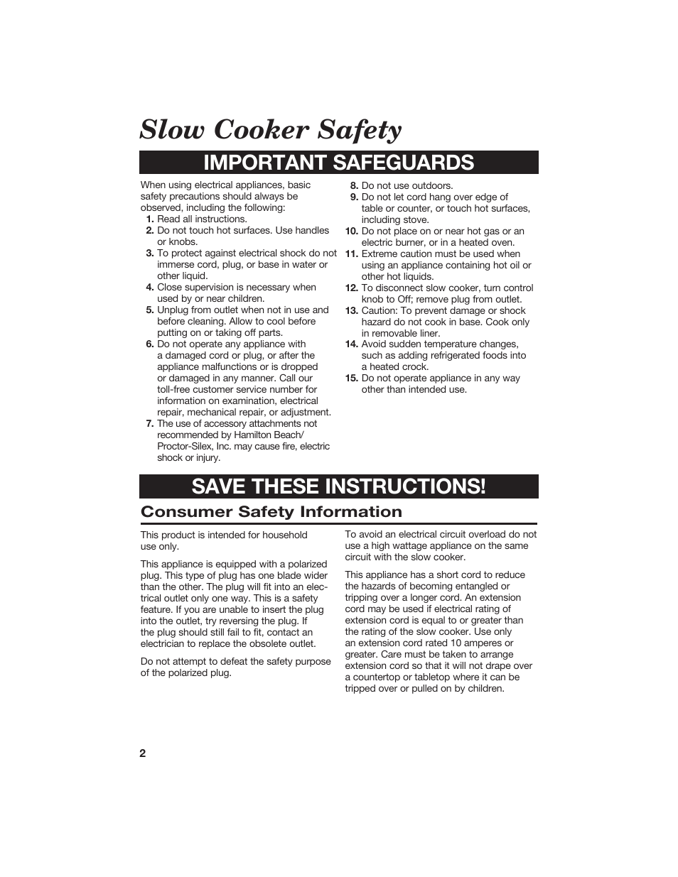 Slow cooker safety, Important safeguards save these instructions, Consumer safety information | Hamilton Beach 840056100 User Manual | Page 2 / 8