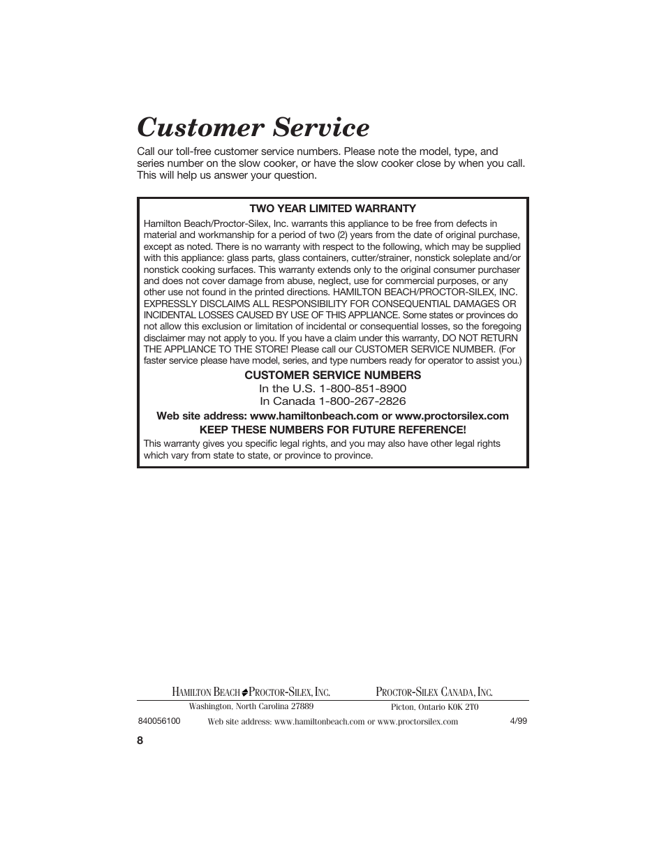 Customer service | Hamilton Beach 840056100 User Manual | Page 8 / 8