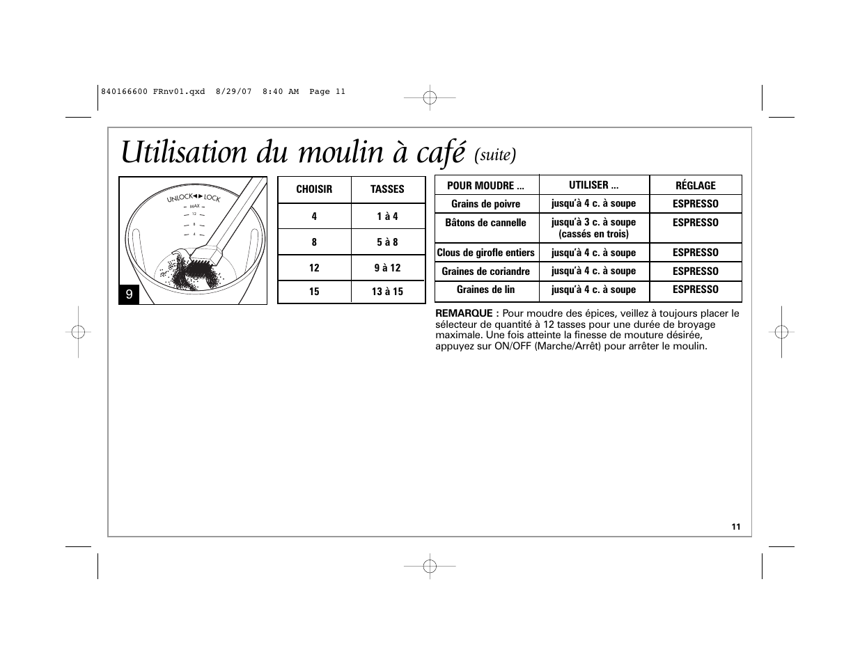Utilisation du moulin à café, Suite) | Hamilton Beach 80374 User Manual | Page 11 / 20
