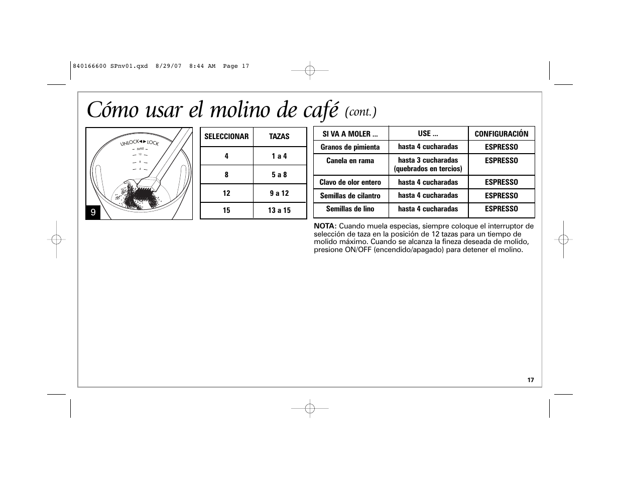 Cómo usar el molino de café, Cont.) | Hamilton Beach 80374 User Manual | Page 17 / 20