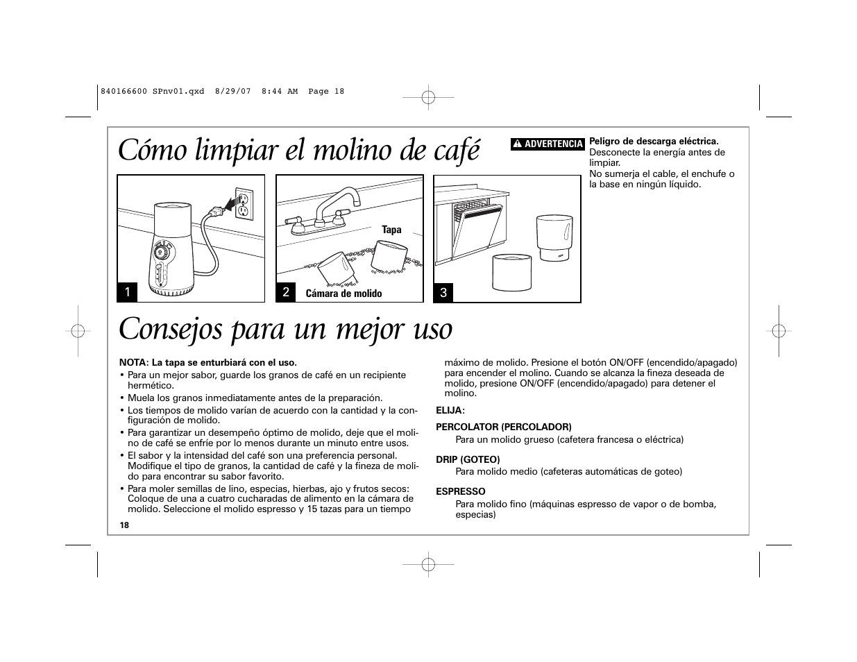 Consejos para un mejor uso, Cómo limpiar el molino de café | Hamilton Beach 80374 User Manual | Page 18 / 20