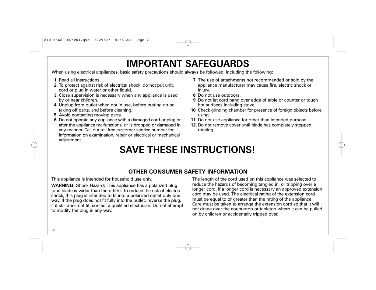 Important safeguards, Save these instructions | Hamilton Beach 80374 User Manual | Page 2 / 20