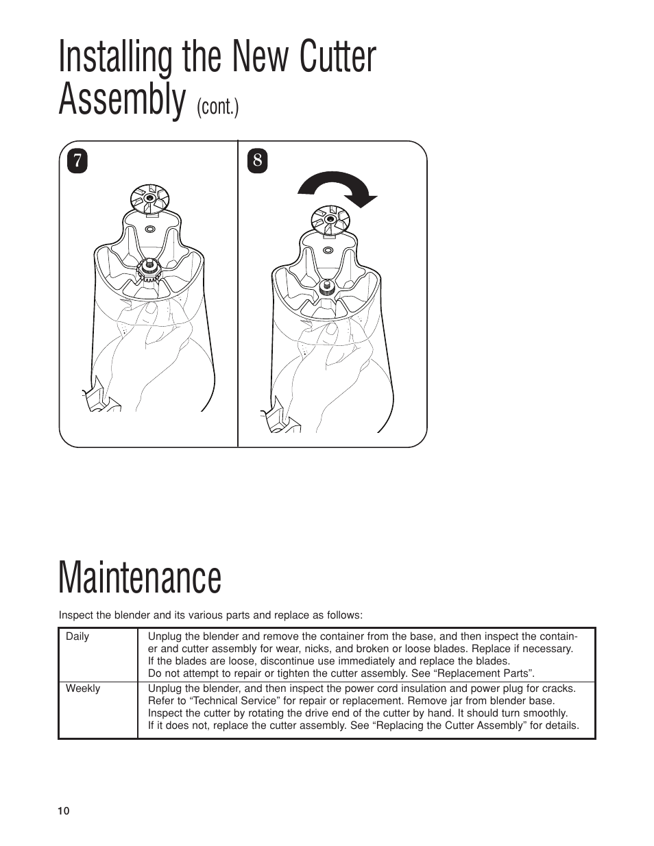 Installing the new cutter assembly, Maintenance, Cont.) | Hamilton Beach HBB250S User Manual | Page 10 / 32