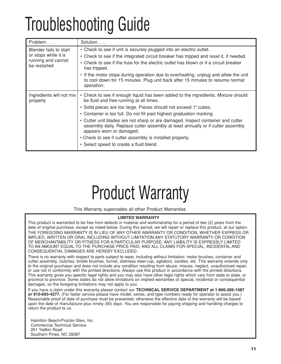 Troubleshooting guide product warranty | Hamilton Beach HBB250S User Manual | Page 11 / 32