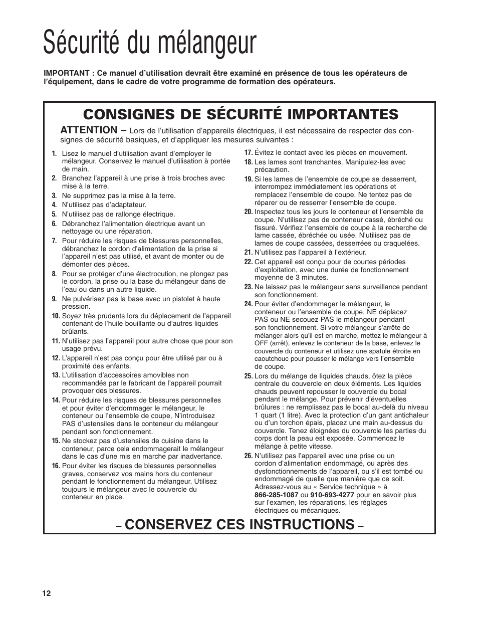 Sécurité du mélangeur, Conservez ces instructions, Consignes de sécurité importantes | Attention | Hamilton Beach HBB250S User Manual | Page 12 / 32