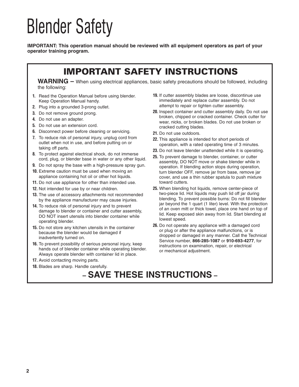 Blender safety, Save these instructions, Important safety instructions | Warning | Hamilton Beach HBB250S User Manual | Page 2 / 32