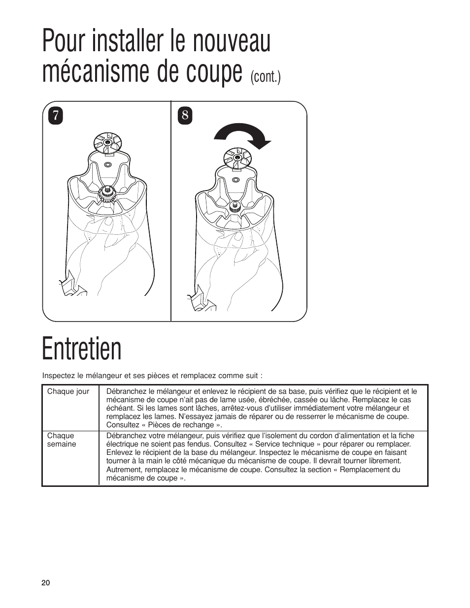 Pour installer le nouveau mécanisme de coupe, Entretien, Cont.) | Hamilton Beach HBB250S User Manual | Page 20 / 32