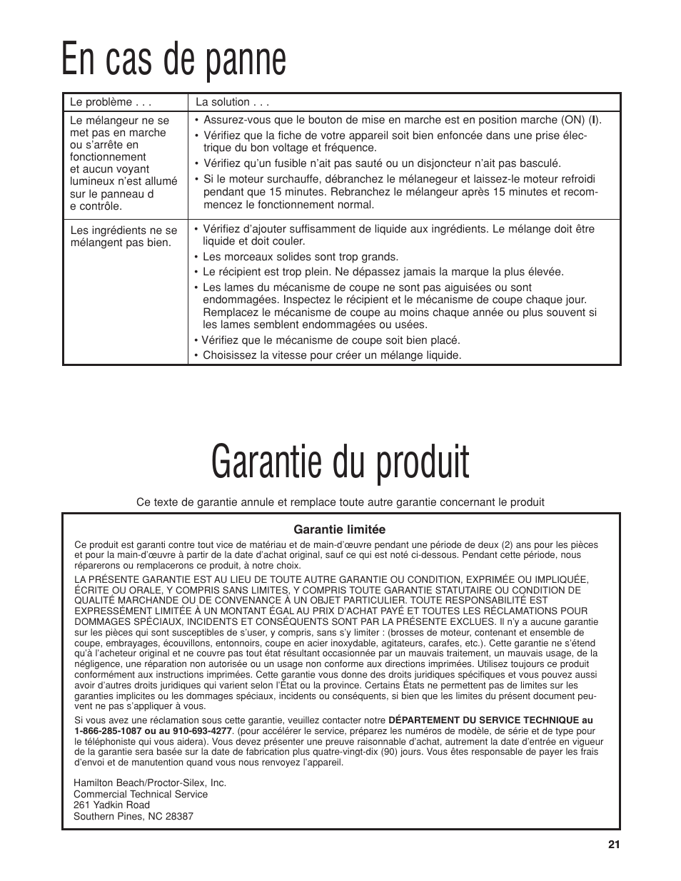 En cas de panne, Garantie du produit | Hamilton Beach HBB250S User Manual | Page 21 / 32