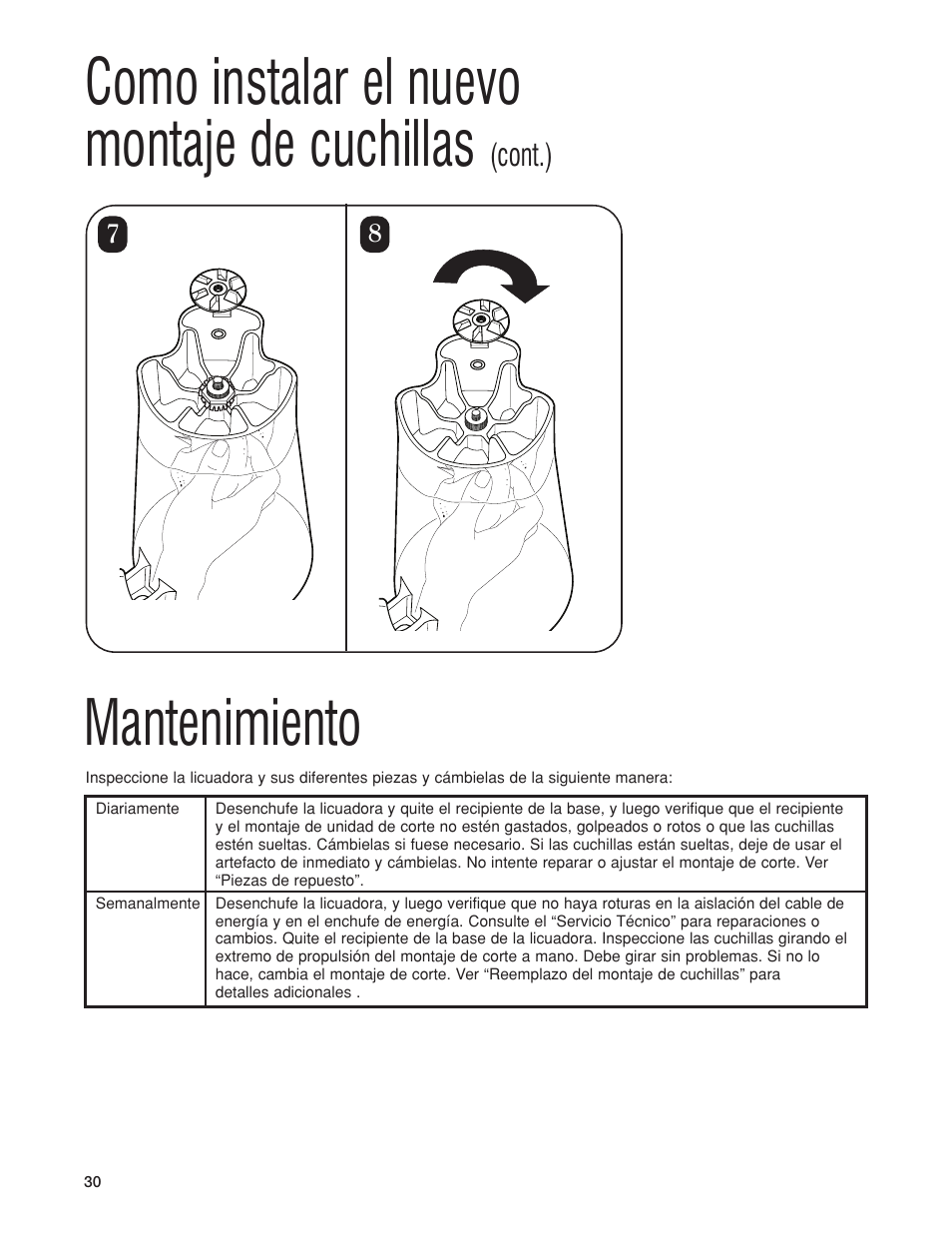 Como instalar el nuevo montaje de cuchillas, Mantenimiento, Cont.) | Hamilton Beach HBB250S User Manual | Page 30 / 32