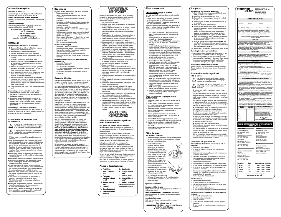 Salvaguardias importantes, Guarde estas instrucciones | Hamilton Beach 43253 User Manual | Page 2 / 2