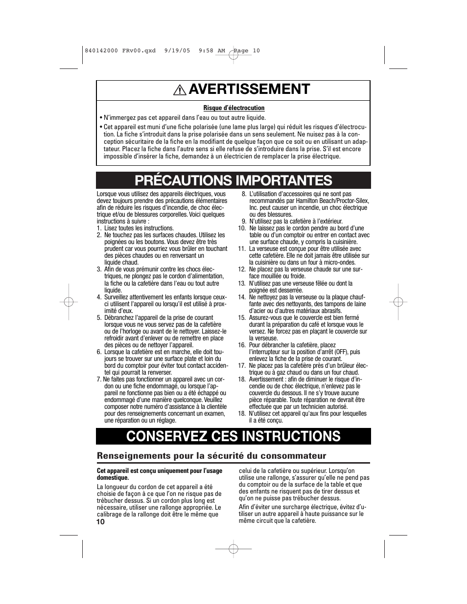 Conservez ces instructions, Avertissement, Précautions importantes | Hamilton Beach 840142000 User Manual | Page 10 / 28