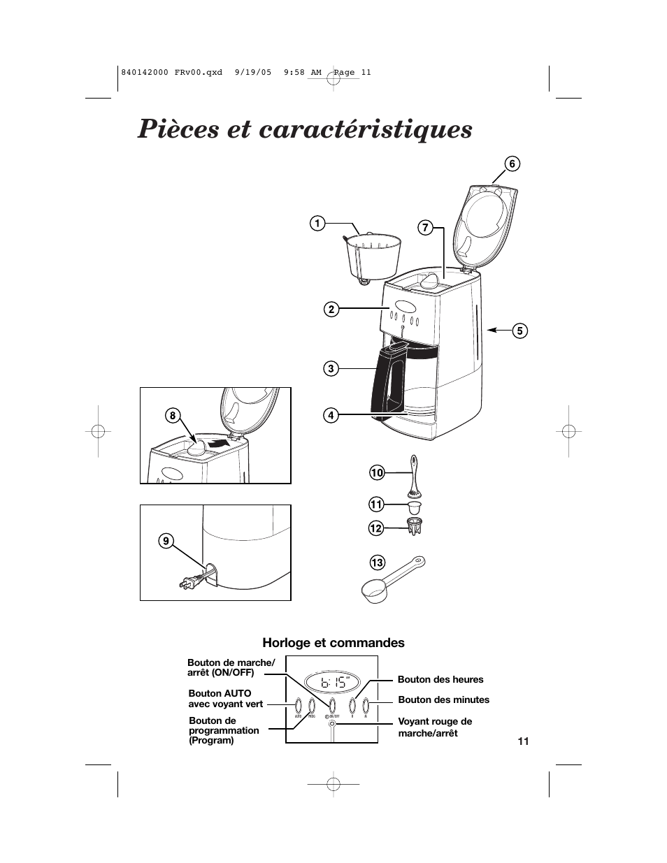 Pièces et caractéristiques, Horloge et commandes | Hamilton Beach 840142000 User Manual | Page 11 / 28