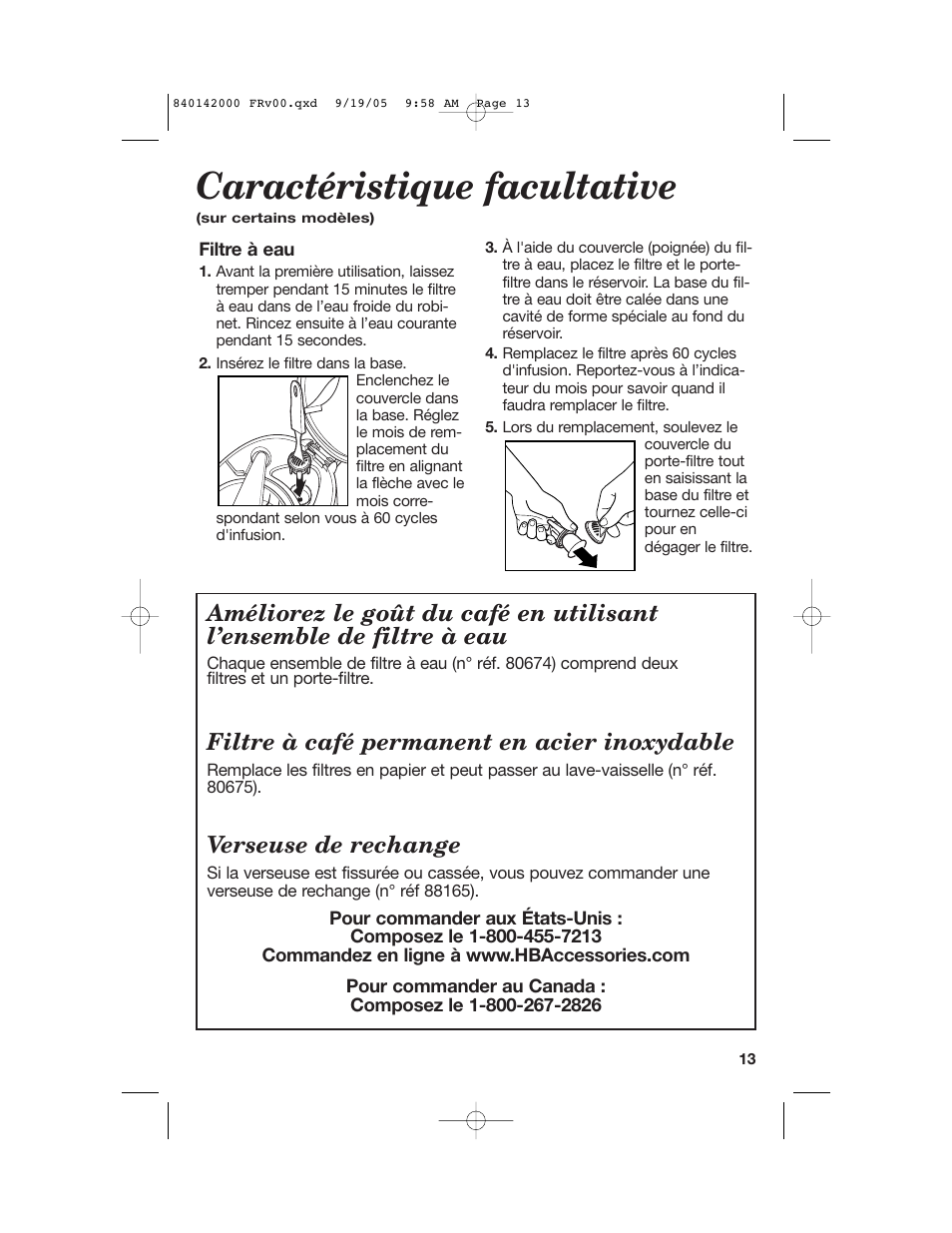 Caractéristique facultative, Filtre à café permanent en acier inoxydable, Verseuse de rechange | Hamilton Beach 840142000 User Manual | Page 13 / 28