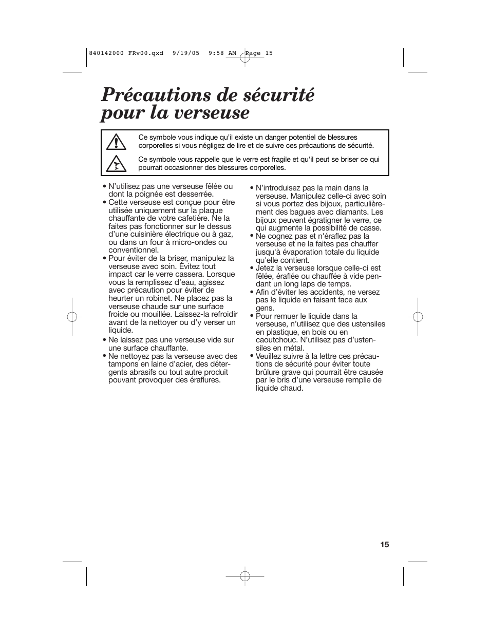 Précautions de sécurité pour la verseuse | Hamilton Beach 840142000 User Manual | Page 15 / 28