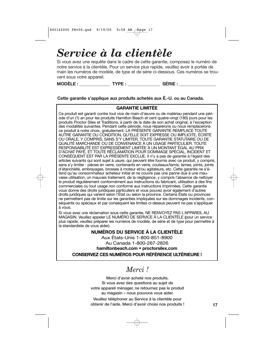 Service à la clientèle, Merci | Hamilton Beach 840142000 User Manual | Page 17 / 28