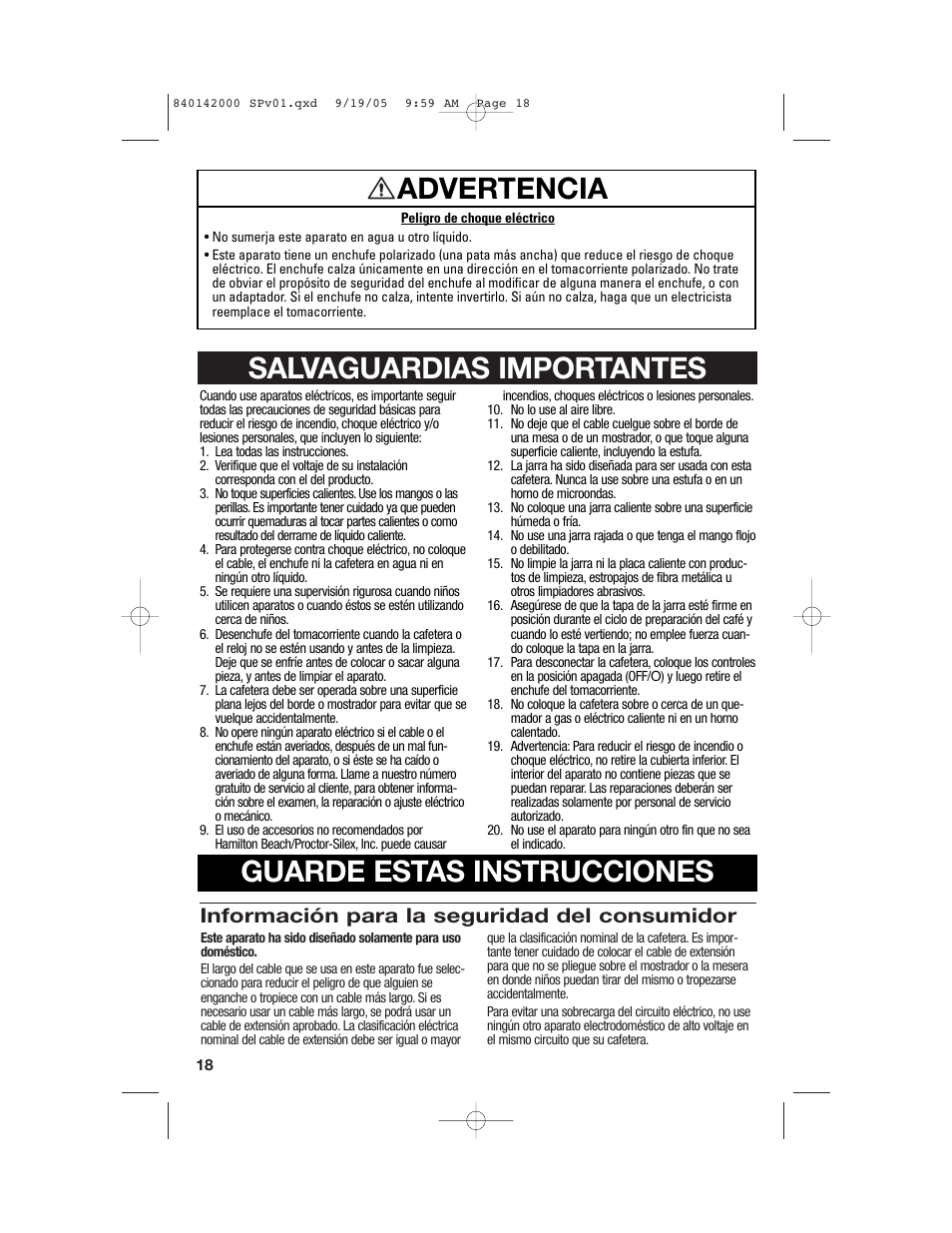 Advertencia, Información para la seguridad del consumidor | Hamilton Beach 840142000 User Manual | Page 18 / 28