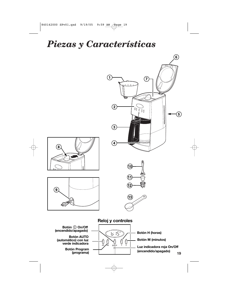 Piezas y características, Reloj y controles | Hamilton Beach 840142000 User Manual | Page 19 / 28