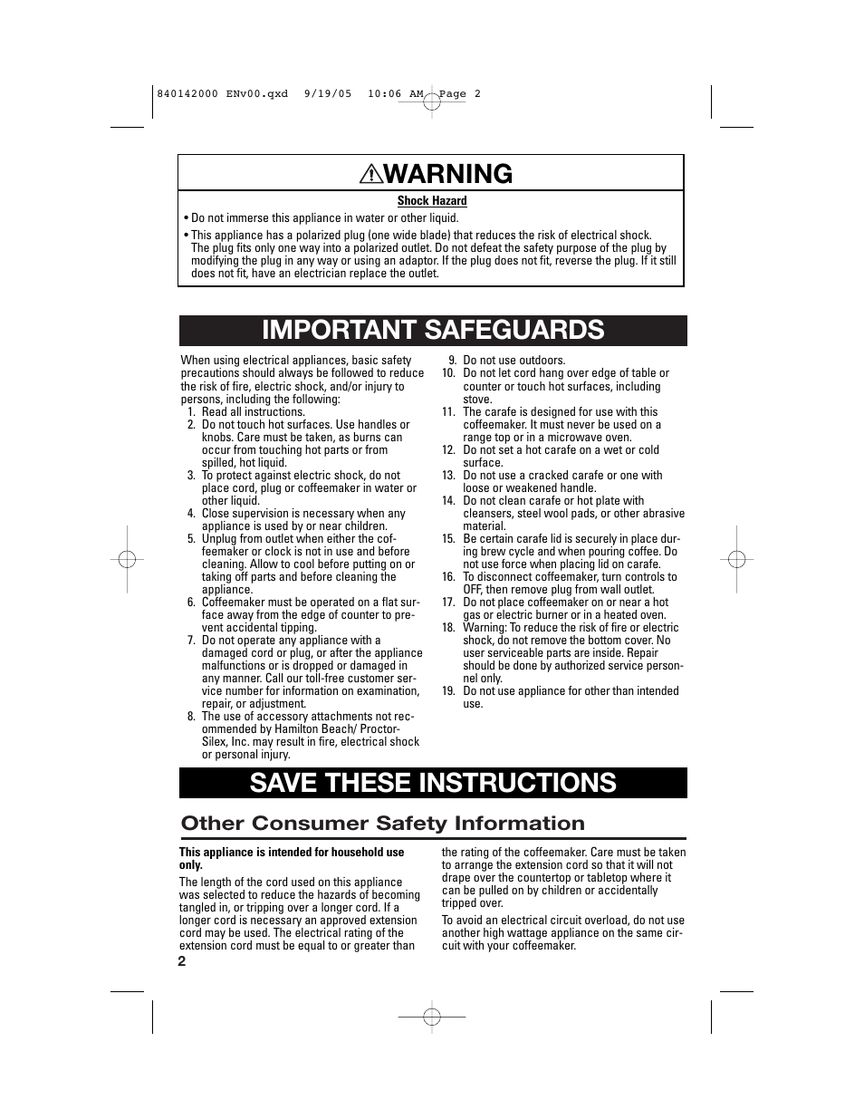 Important safeguards, Save these instructions, Warning | Other consumer safety information | Hamilton Beach 840142000 User Manual | Page 2 / 28