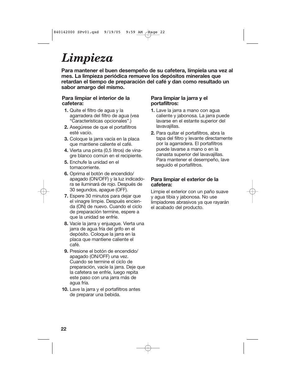 Limpieza | Hamilton Beach 840142000 User Manual | Page 22 / 28