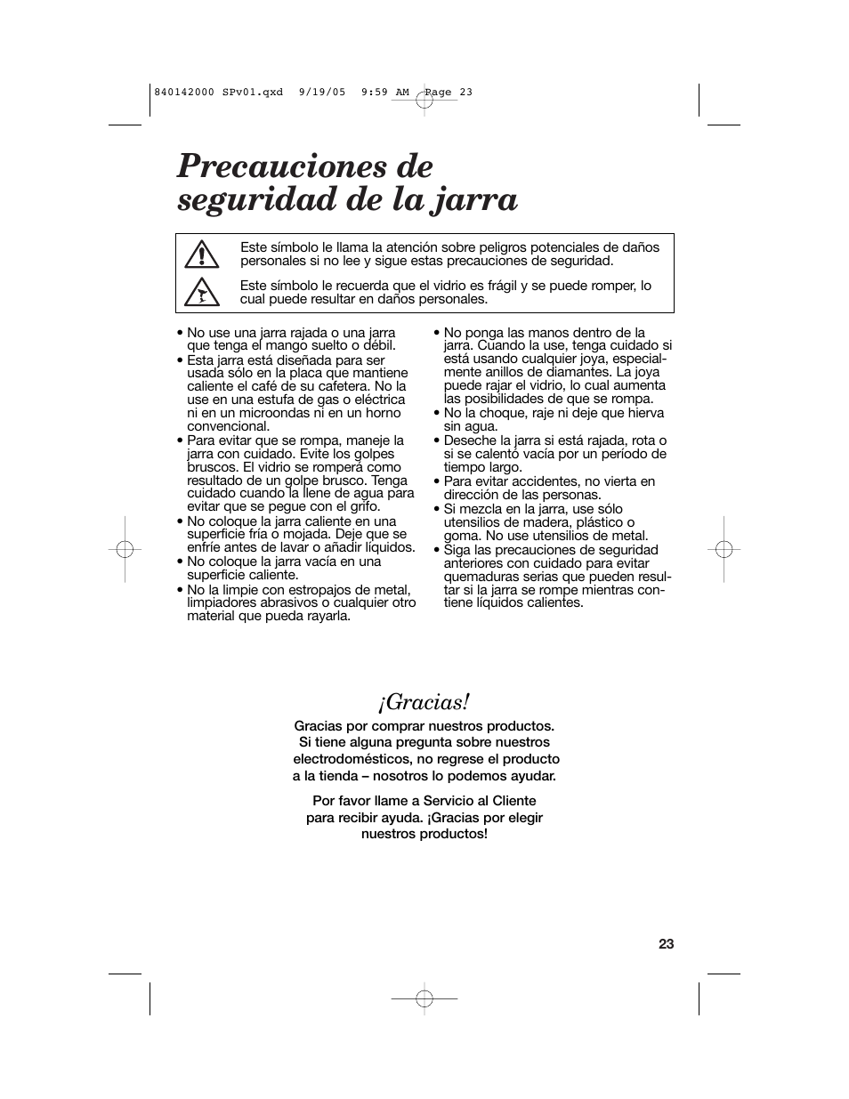 Precauciones de seguridad de la jarra, Gracias | Hamilton Beach 840142000 User Manual | Page 23 / 28
