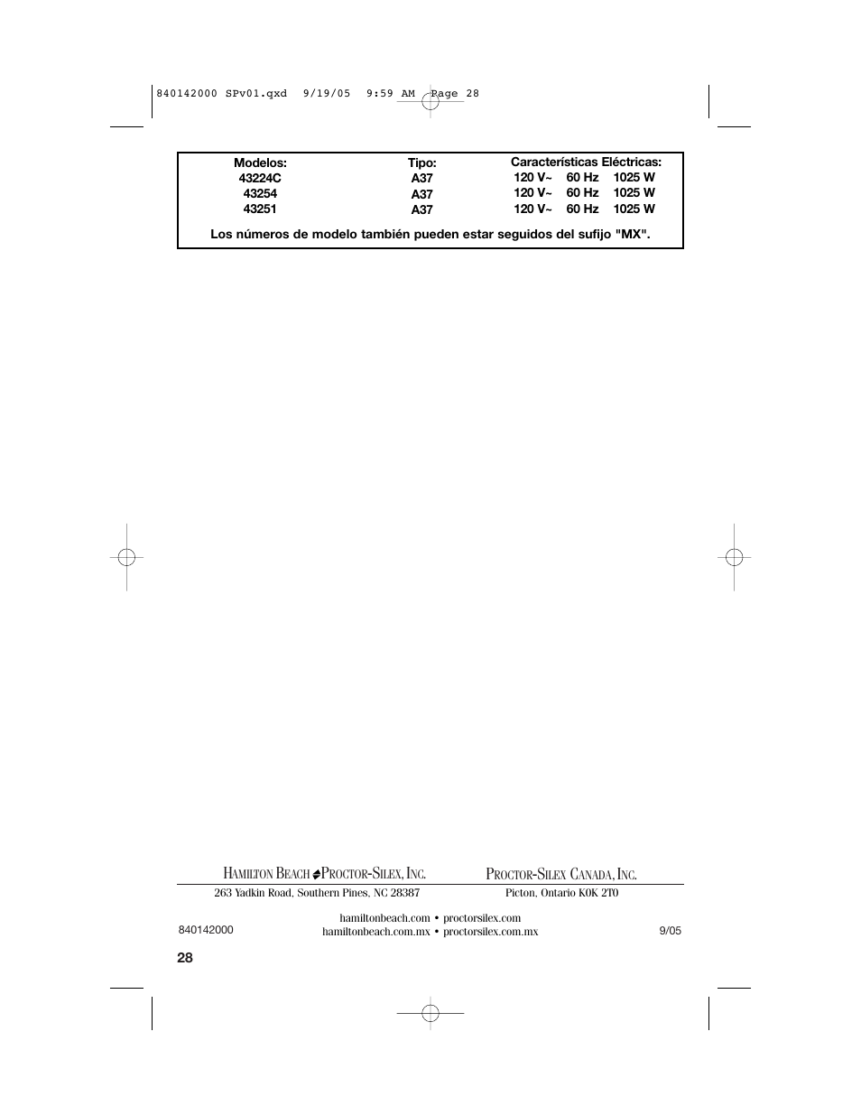 Hamilton Beach 840142000 User Manual | Page 28 / 28