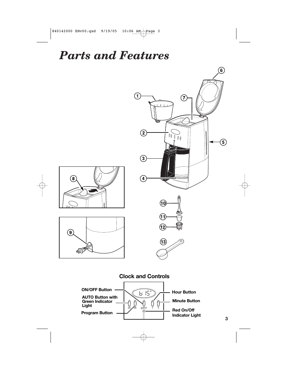 Parts and features, Clock and controls | Hamilton Beach 840142000 User Manual | Page 3 / 28