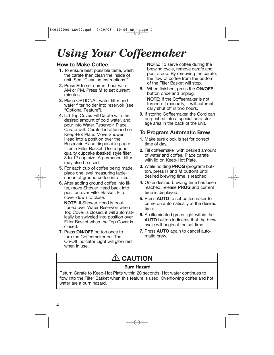 Using your coffeemaker, Caution | Hamilton Beach 840142000 User Manual | Page 4 / 28