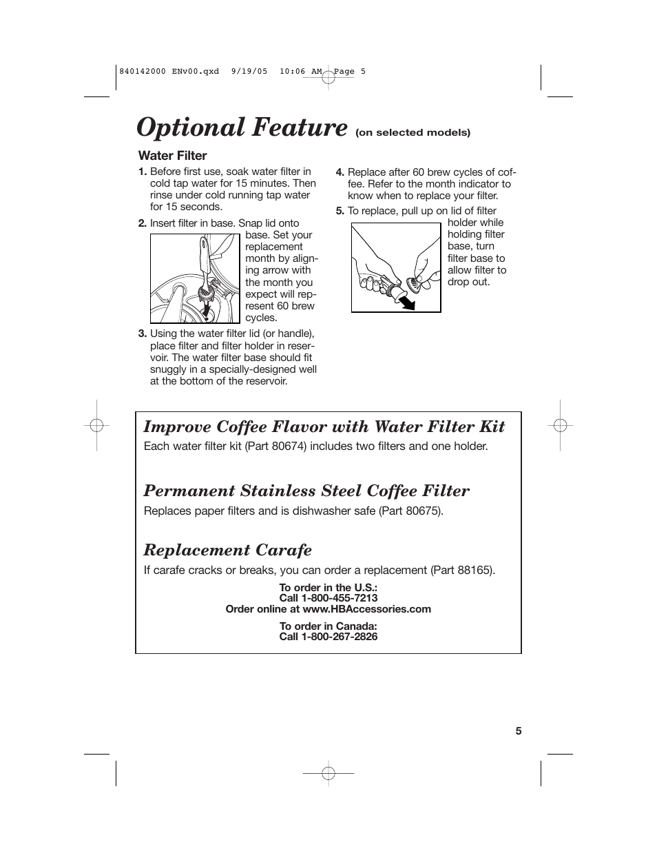 Optional feature, Improve coffee flavor with water filter kit, Permanent stainless steel coffee filter | Replacement carafe | Hamilton Beach 840142000 User Manual | Page 5 / 28