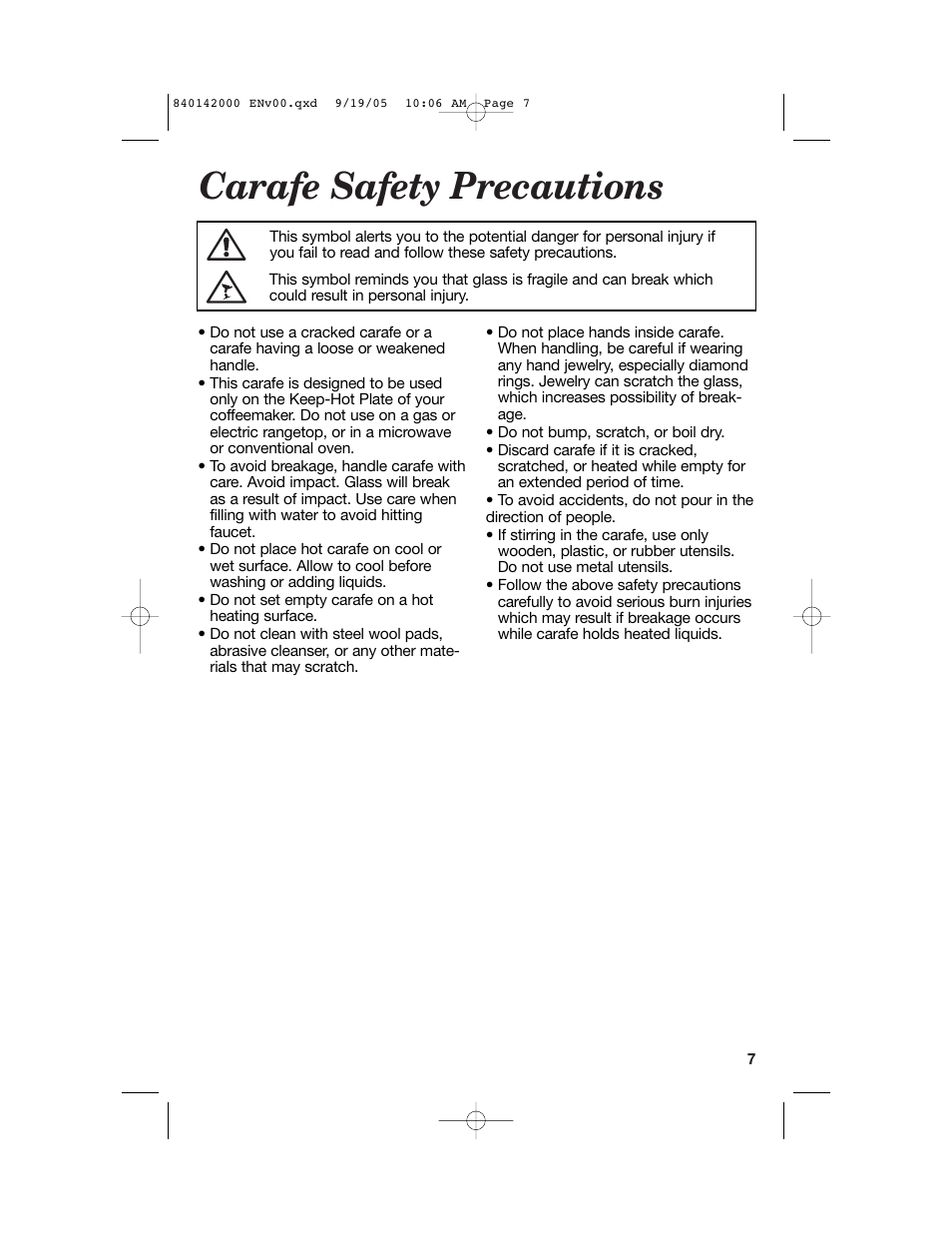 Carafe safety precautions | Hamilton Beach 840142000 User Manual | Page 7 / 28