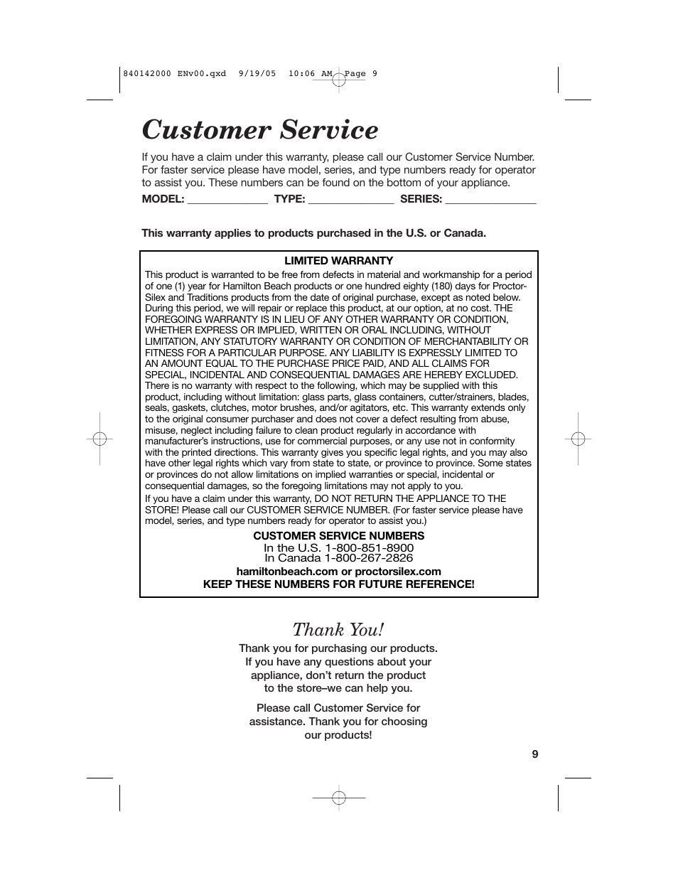 Customer service | Hamilton Beach 840142000 User Manual | Page 9 / 28