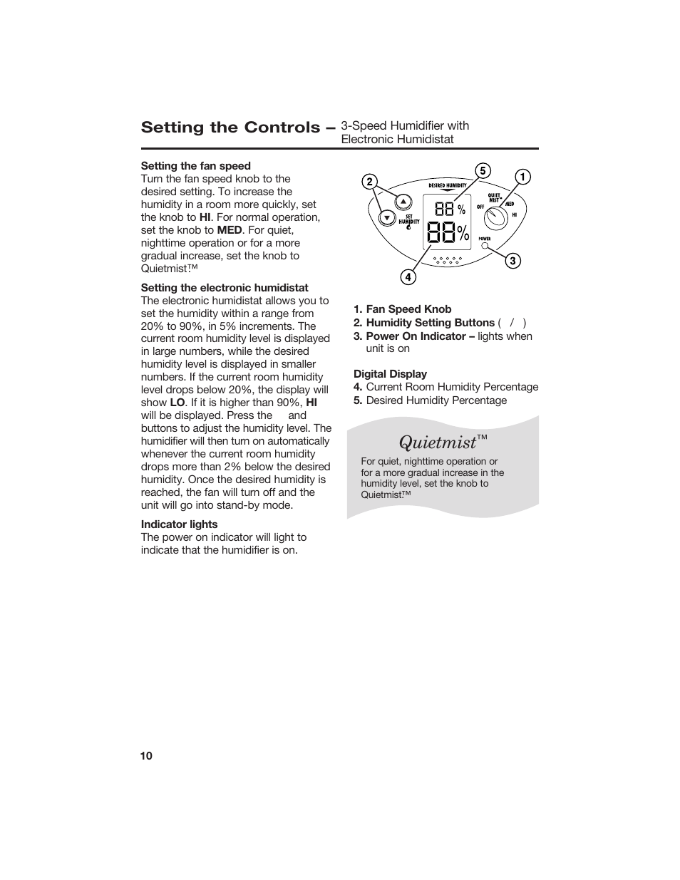 Quietmist, Setting the controls | Hamilton Beach 840074800 User Manual | Page 10 / 16