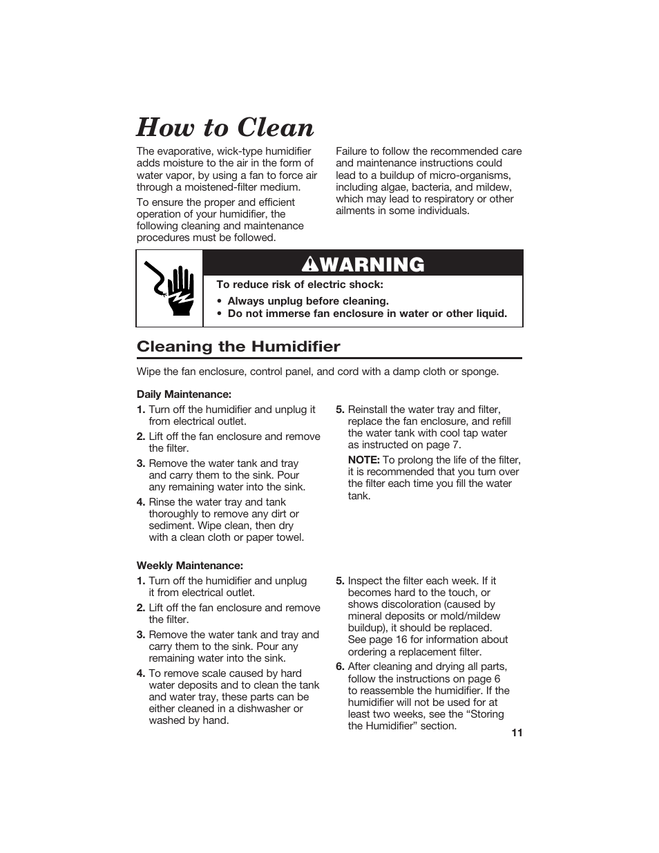 How to clean, Wwarning, Cleaning the humidifier | Hamilton Beach 840074800 User Manual | Page 11 / 16