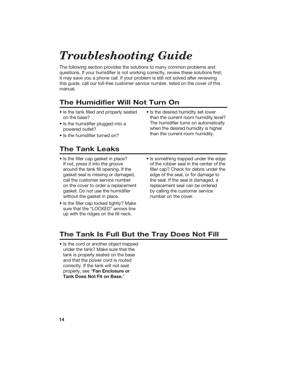 Troubleshooting guide, The humidifier will not turn on, The tank leaks | The tank is full but the tray does not fill | Hamilton Beach 840074800 User Manual | Page 14 / 16