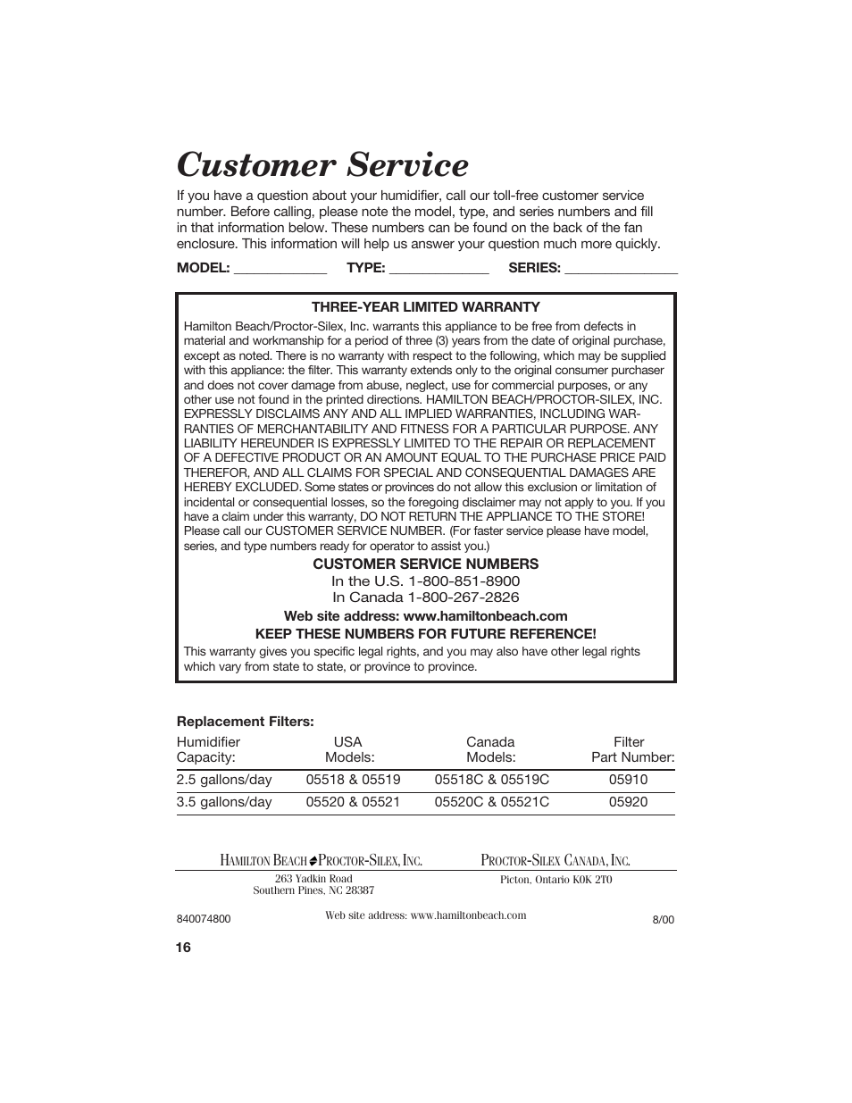 Customer service | Hamilton Beach 840074800 User Manual | Page 16 / 16