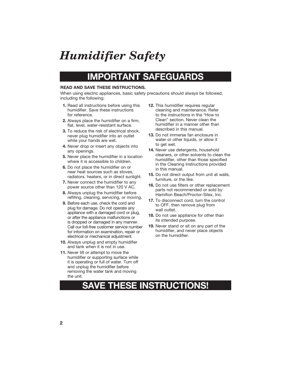 Humidifier safety, Important safeguards save these instructions | Hamilton Beach 840074800 User Manual | Page 2 / 16