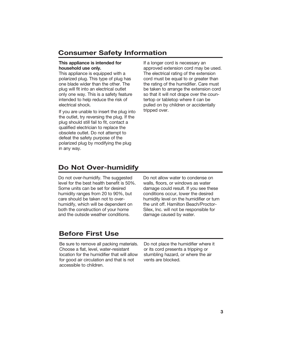 Consumer safety information, Do not over-humidify, Before first use | Hamilton Beach 840074800 User Manual | Page 3 / 16