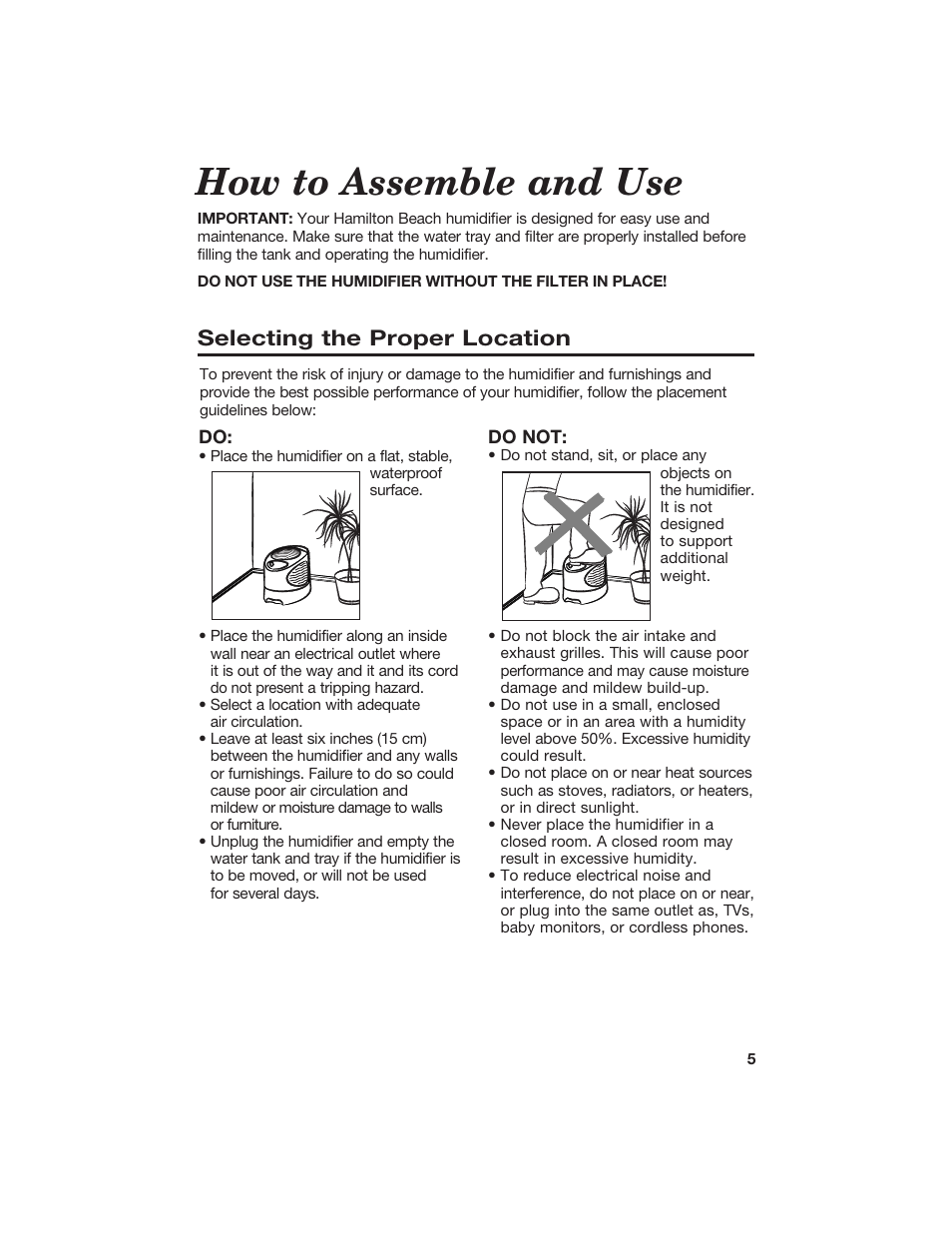 How to assemble and use, Selecting the proper location | Hamilton Beach 840074800 User Manual | Page 5 / 16