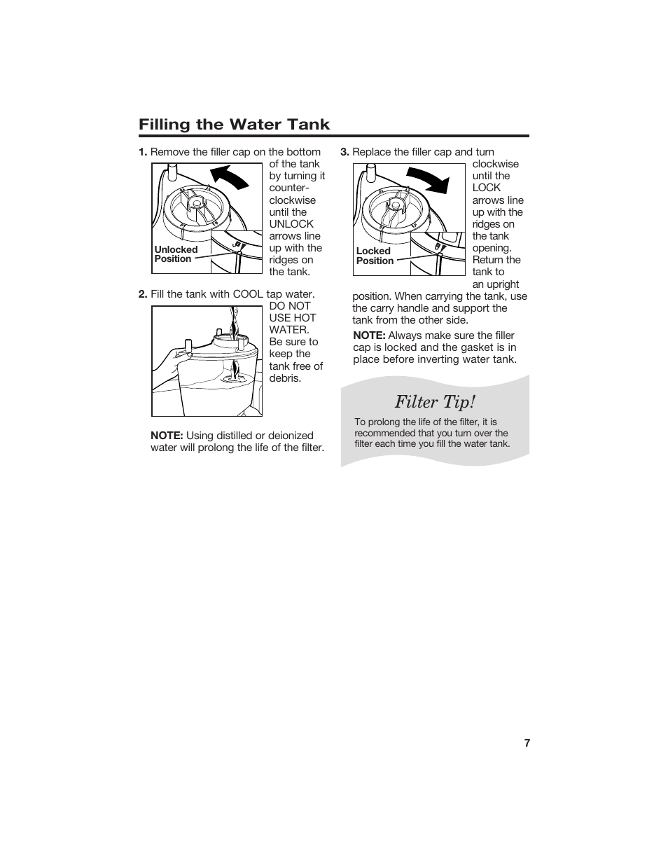 Filter tip, Filling the water tank | Hamilton Beach 840074800 User Manual | Page 7 / 16