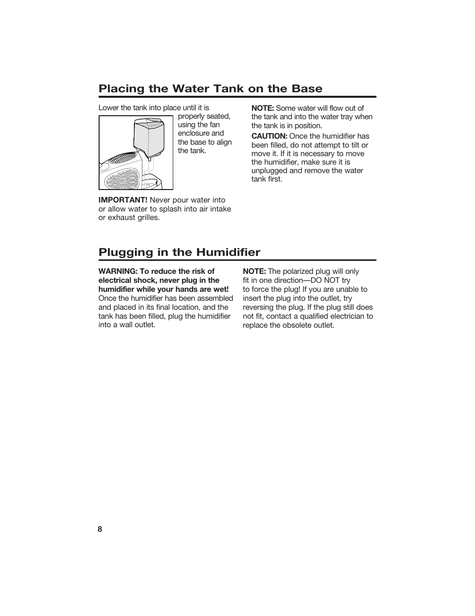 Placing the water tank on the base, Plugging in the humidifier | Hamilton Beach 840074800 User Manual | Page 8 / 16