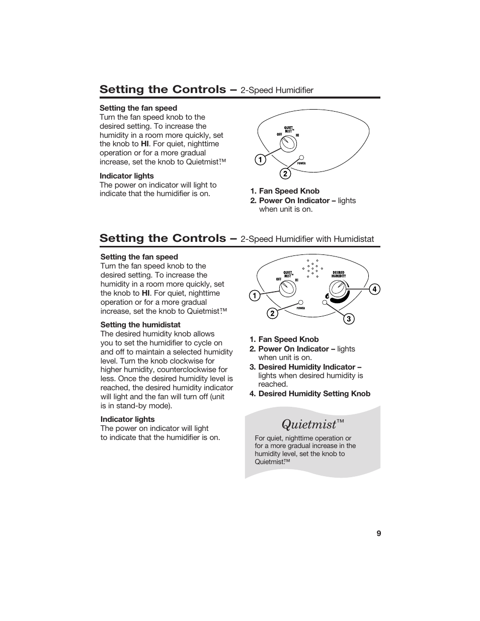 Quietmist, Setting the controls | Hamilton Beach 840074800 User Manual | Page 9 / 16