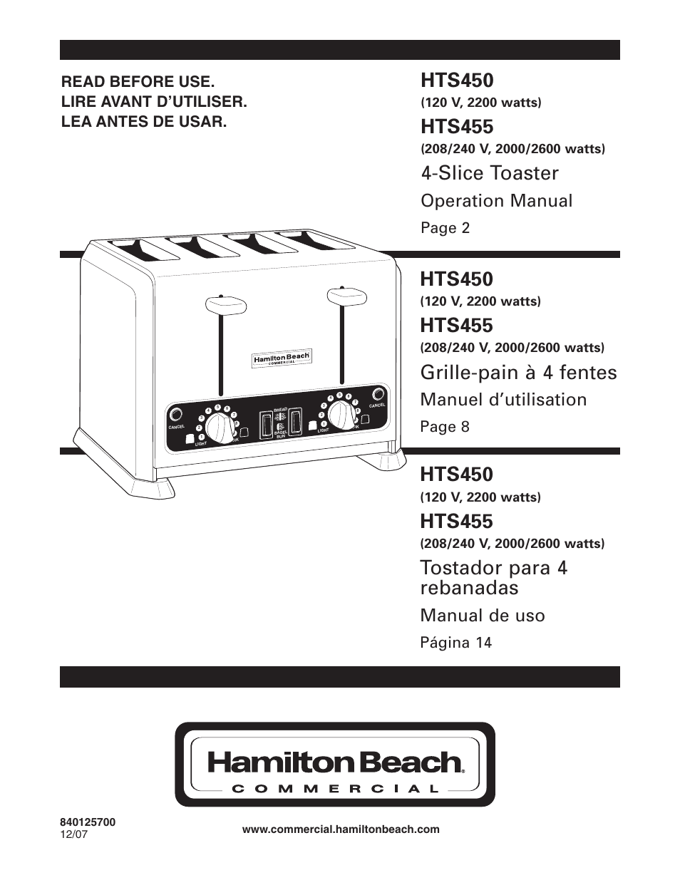 Hamilton Beach HTS450 User Manual | 20 pages