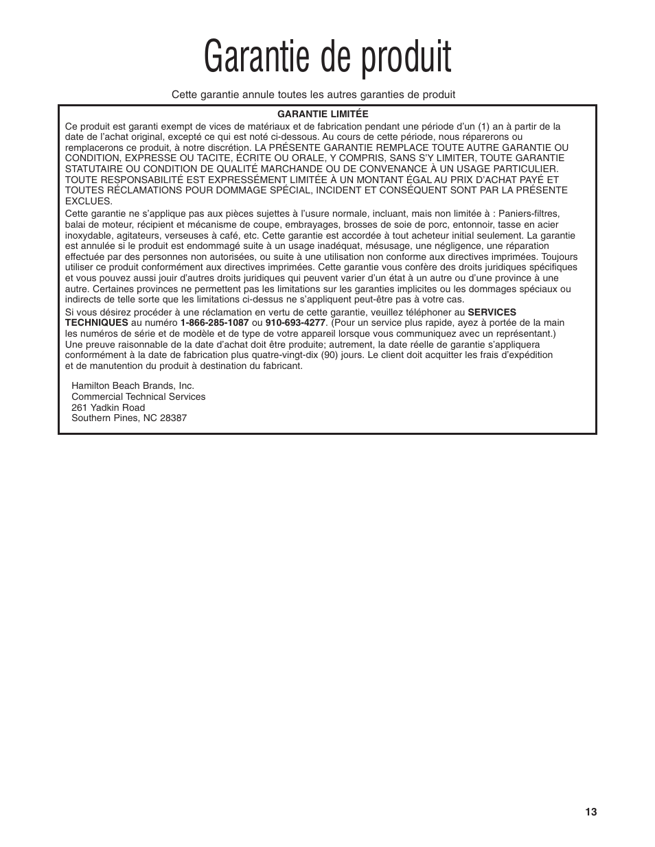 Garantie de produit | Hamilton Beach HTS450 User Manual | Page 13 / 20