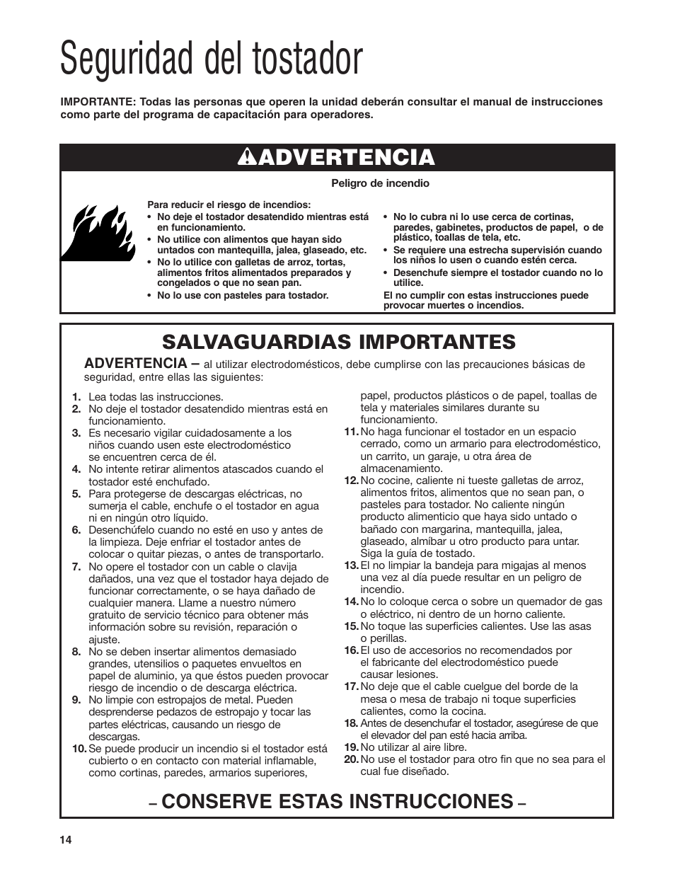 Seguridad del tostador, Wadvertencia, Conserve estas instrucciones | Salvaguardias importantes | Hamilton Beach HTS450 User Manual | Page 14 / 20