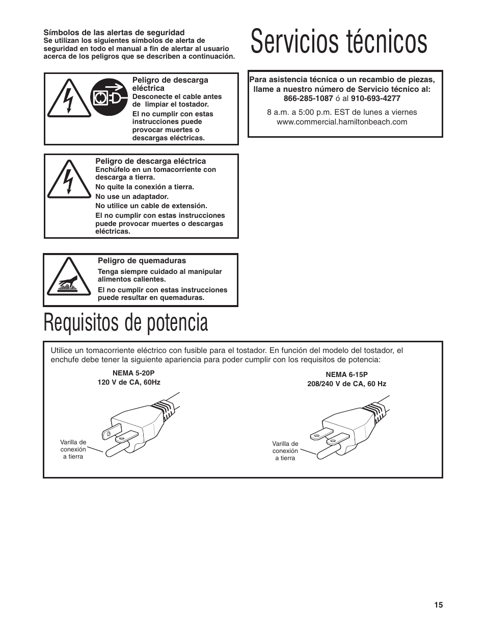 Servicios técnicos, Requisitos de potencia | Hamilton Beach HTS450 User Manual | Page 15 / 20